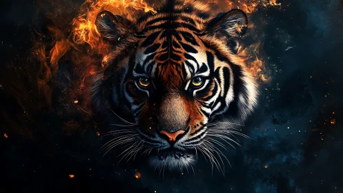 Fiery tiger portrait with embers in dramatic digital chiaroscuro.