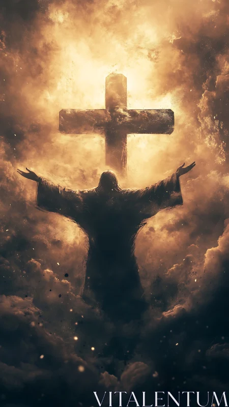 Silhouetted robed figure below illuminated cross in clouds.