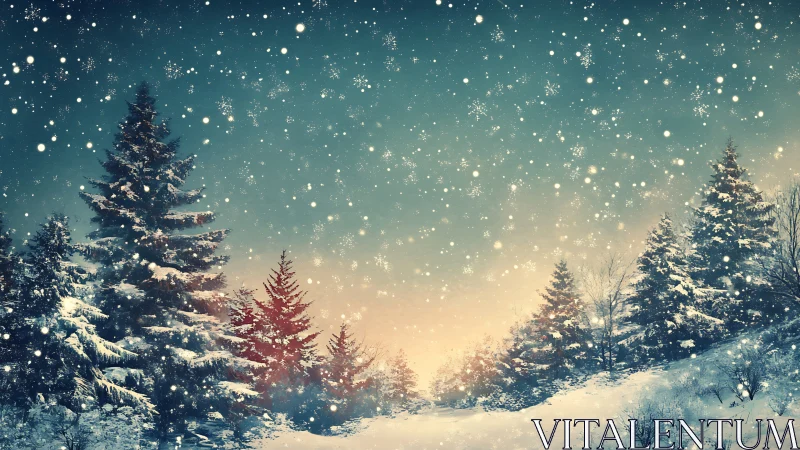 Snowfall threads twilight light across a quiet winter forest