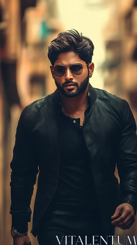 Urban portrait of stylish man in leather jacket, shallow depth