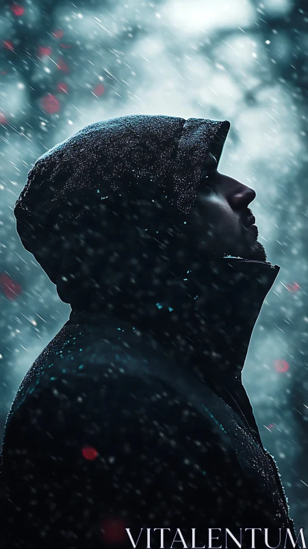 Quiet hooded figure soaking in a snowy, dreamlike night.