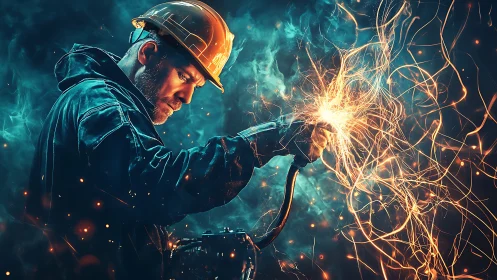 Industrial welder manipulates dynamic sparks in neon haze