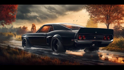 Autumn highway muscle car rendered in cinematic sunset light.