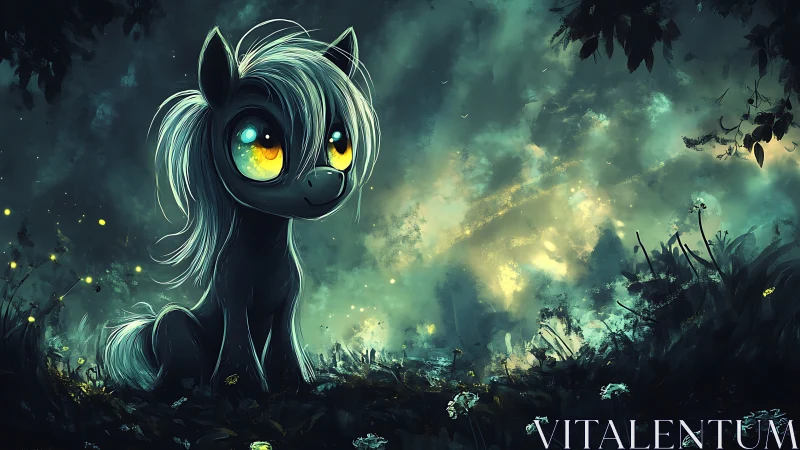 Dreamy little pony watches glowing fireflies in moonlit woods