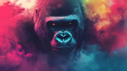 Cosmic gorilla emerges through neon clouds in vivid silence