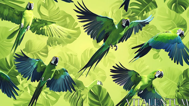Sky-dancing green parrots over lush tropical leaves.