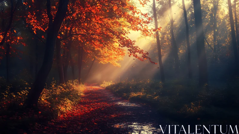 Enchanted Autumn Forest Pathway with Sun Rays and Vivid Colors.