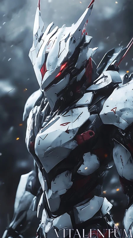Armored futuristic mecha warrior with red glowing eyes.