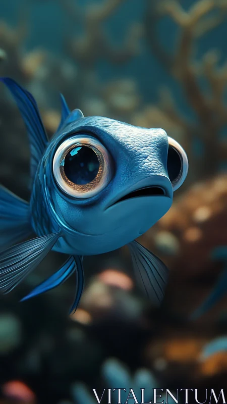 Big-eyed blue reef fish caught in adorable surprise gaze.