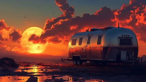Cozy silver camper resting under a fiery moonrise sky.