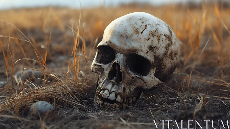 Weathered human skull lies in dry field under warm shallow depth
