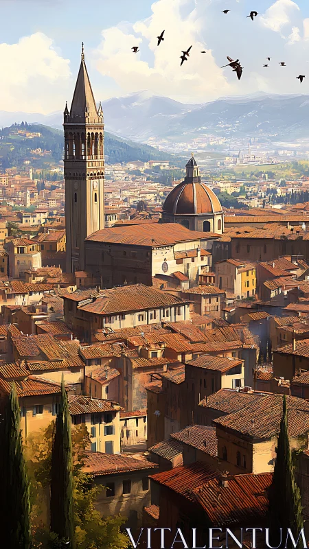 Mediterranean hill city with bell tower, dome, and rooftops.