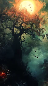 Moonlit forest giant with soaring twilight birds.