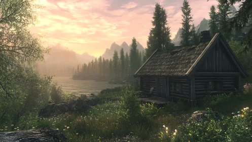 Cozy Woodland Cabin by the Lake at Golden Sunset Hour