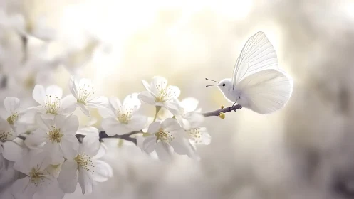 Whisperwhite butterfly pausing on clouds of spring blossom.