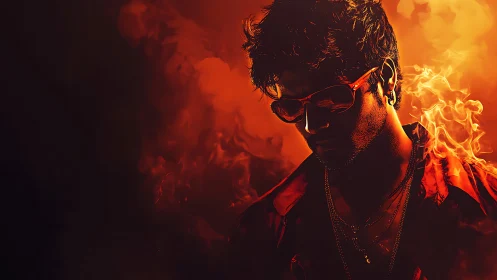 Backlit male portrait rendered in high-contrast fiery bokeh field