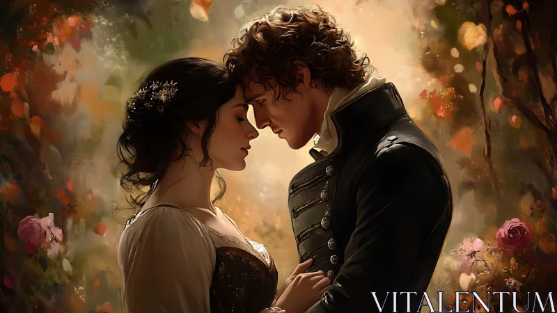 Romantic couple embracing with soft luminous bokeh ambient lighting and floral garden setting.