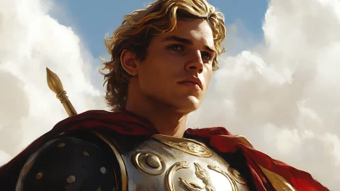 Young golden-haired warrior gazes upward under bright sky
