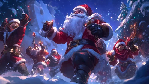 Parametric Santa squad advancing through dynamic snowfield.