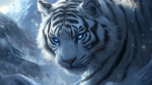 Ice-blue eyed white tiger stalks through frozen mountainscape.