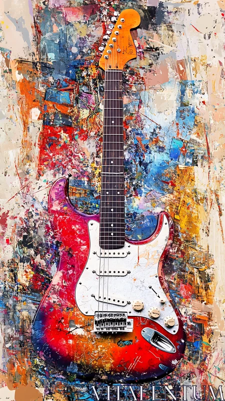 Electric guitar over expressive splatter canvas background.