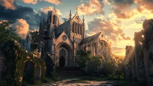 Gothic cathedral ruins under cinematic sunset illumination.