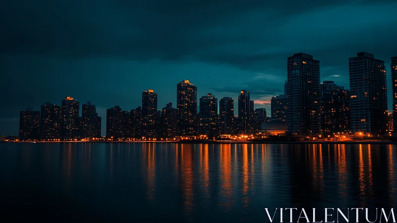 City skyline with tower lights reflected on dark water.