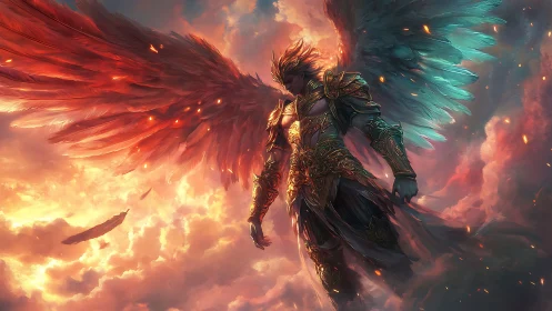 Radiant winged warrior drifts through blazing celestial skies