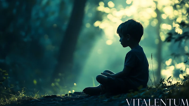 Young child sits in tranquil forest glow at blue dusk