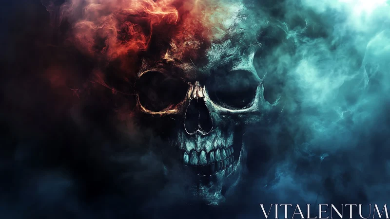 Burning spectral skull emerges through red and cyan smoke