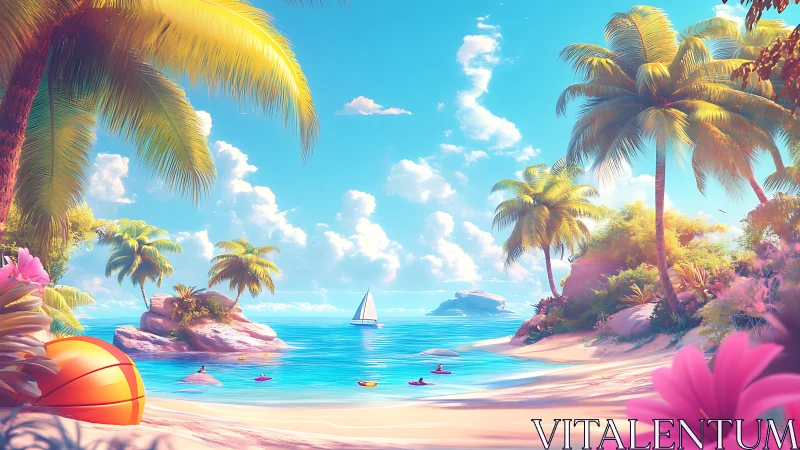 Rendered tropical beach scene with stylized palm trees and sailboat