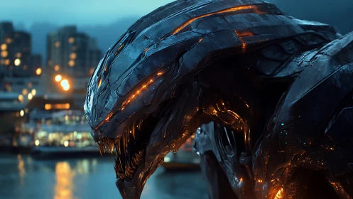 Cybernetic alien predator glares over neon harbor cityscape.
