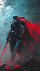 Armored warrior with red cape holding twin swords in storm