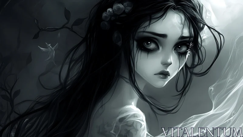 Gothic monochrome spirit girl with flowing spectral veil.