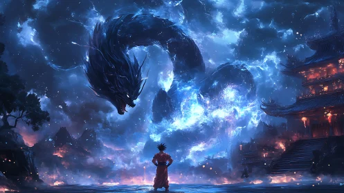 Night sky dragon coils above a lone warrior in glowing mist