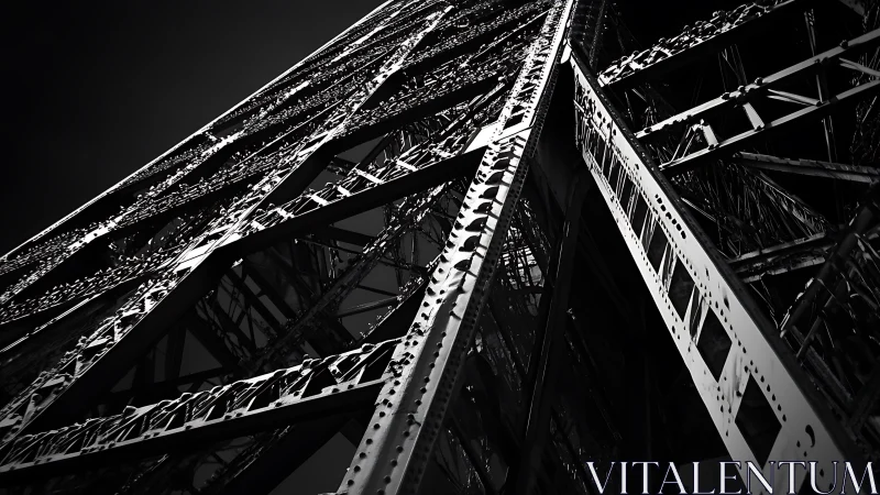 Riveted lattice steel tower in dramatic oblique perspective.
