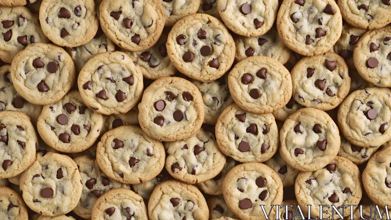 Close-up pile of golden brown chocolate chip cookies.