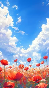 Red poppy flower field under vivid blue summer sky.