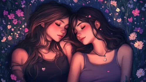 Two women embrace amid blooming flowers under starlit sky