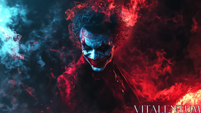 Sinister clown engulfed in dual red and cyan flames.