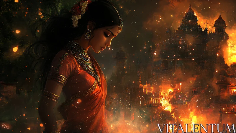 Graceful woman in red sari stands before a burning temple city
