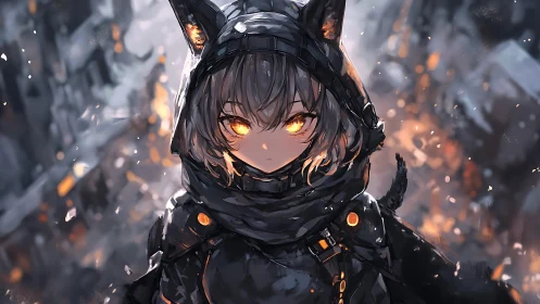 Hooded cat-eared girl with glowing eyes in emberscape.