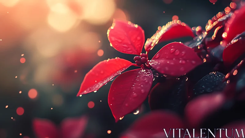 Red foliage with water droplets in shallow depth of field.
