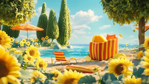 Digitally rendered beach scene with sunflower foreground and mediterranean architectural elements.