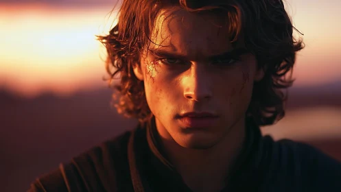 Sunset carves a battle-worn resolve across his stare