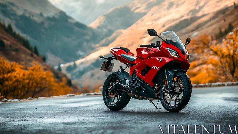 Red sport motorcycle stands on mountain road in autumn light