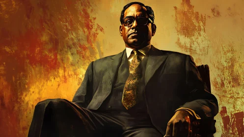 Formal portrait of seated man in suit against warm backdrop.