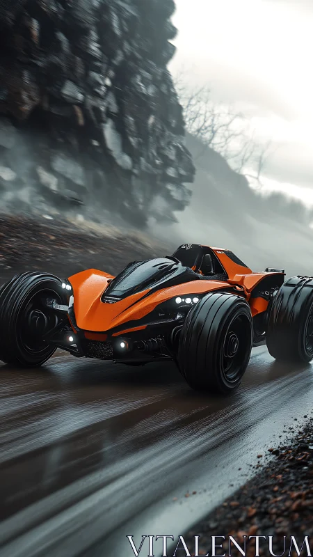 Futuristic orange hypercar powers along wet mountain road