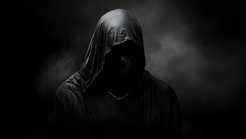 Mysterious hooded figure emerging from deep swirling shadows.