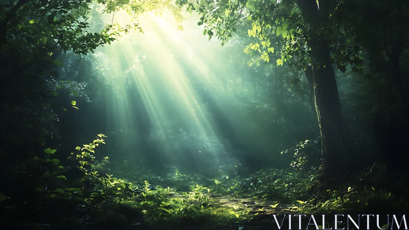 Dense forest interior with directional light penetration through canopy